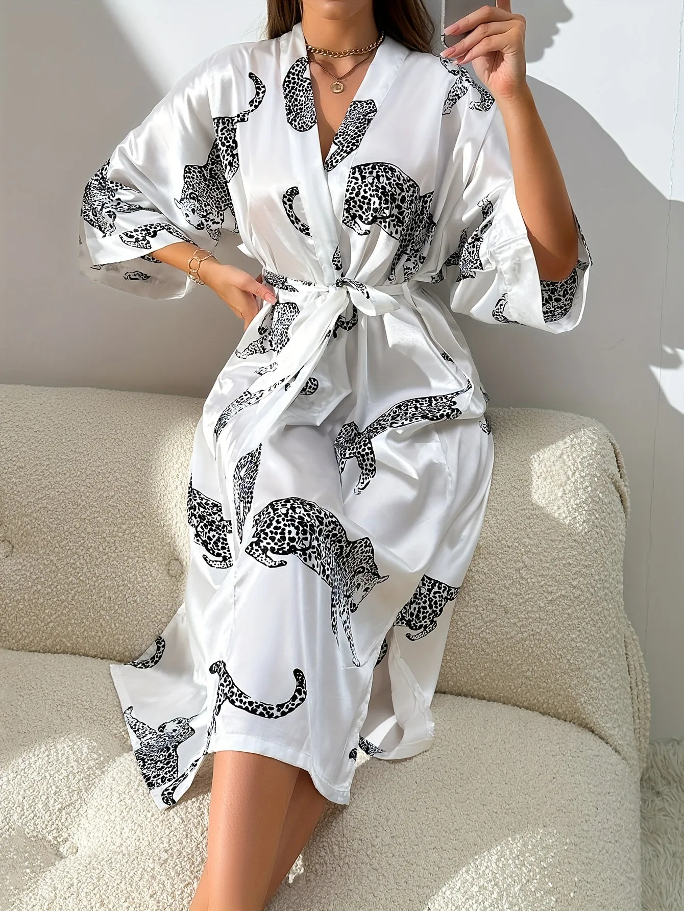 Elegant Leopard Print Silky Night Robes, Comfy Three Quarter Sleeve Robe With Belt, Women's Loungewear & Sleepwear