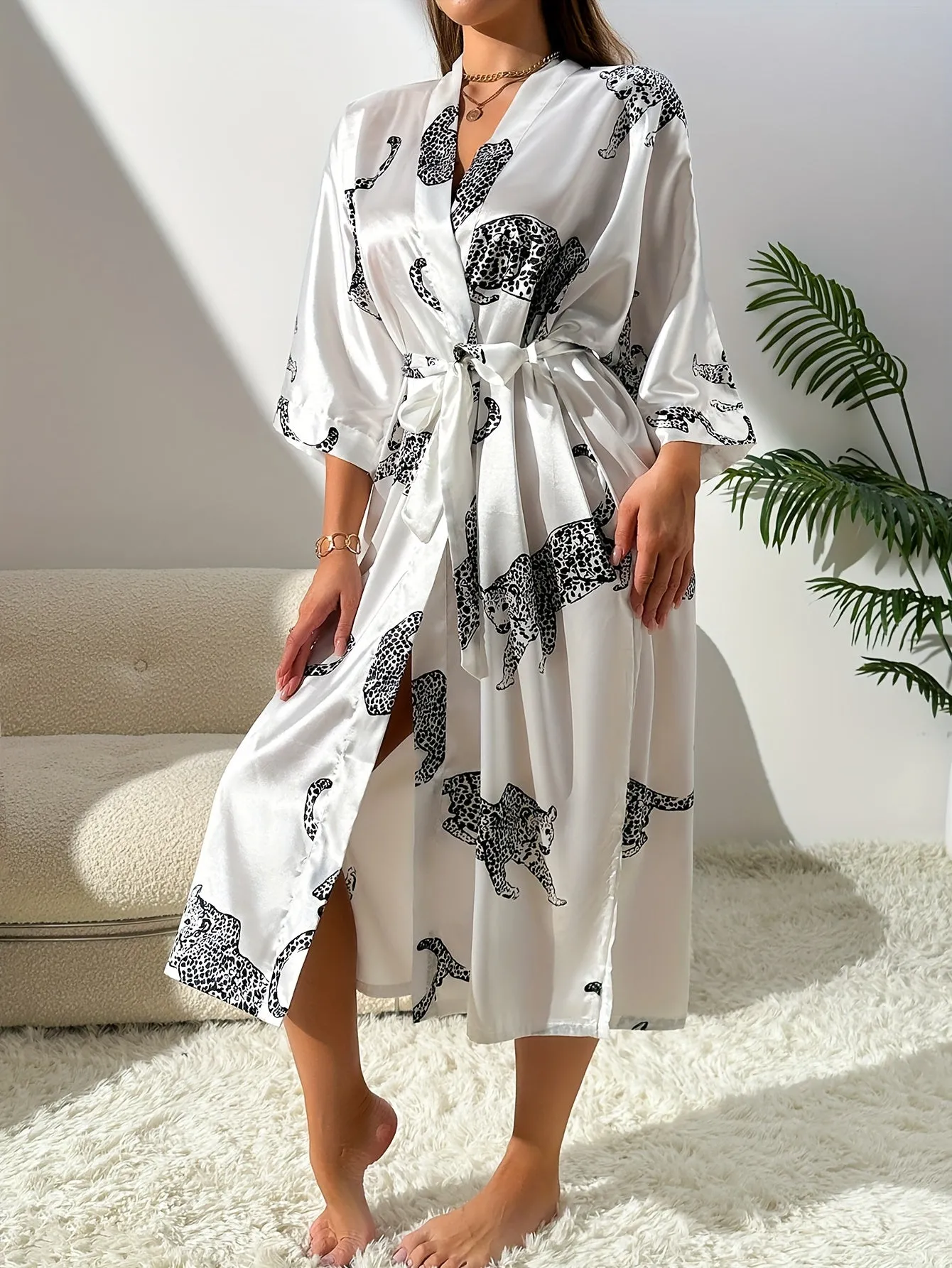 Elegant Leopard Print Silky Night Robes, Comfy Three Quarter Sleeve Robe With Belt, Women's Loungewear & Sleepwear