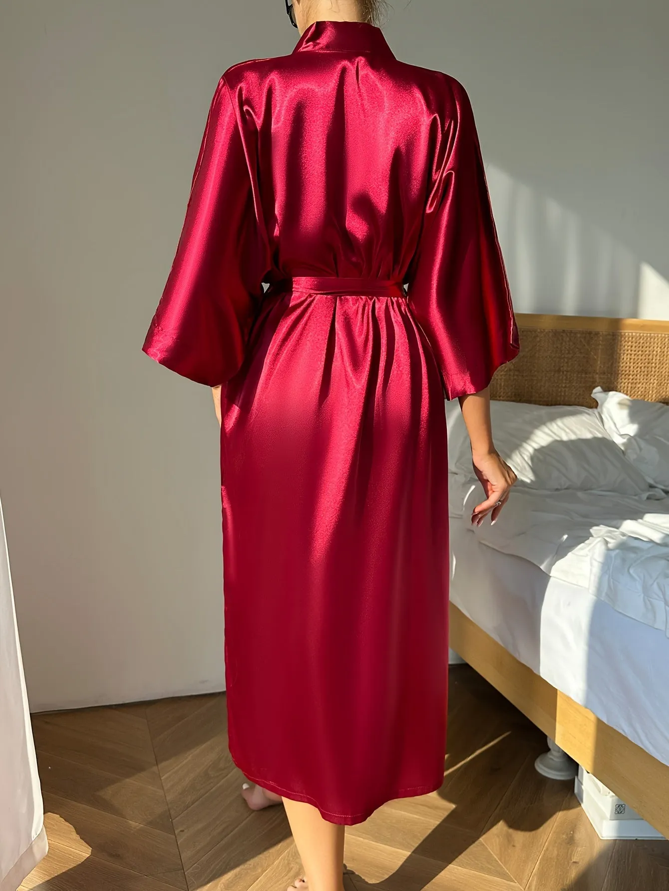 Elegant Women's Solid Silky Night Robes - Three Quarter Sleeve, V Neck Design, Soft Loungewear with Belt for Relaxation and Sleep