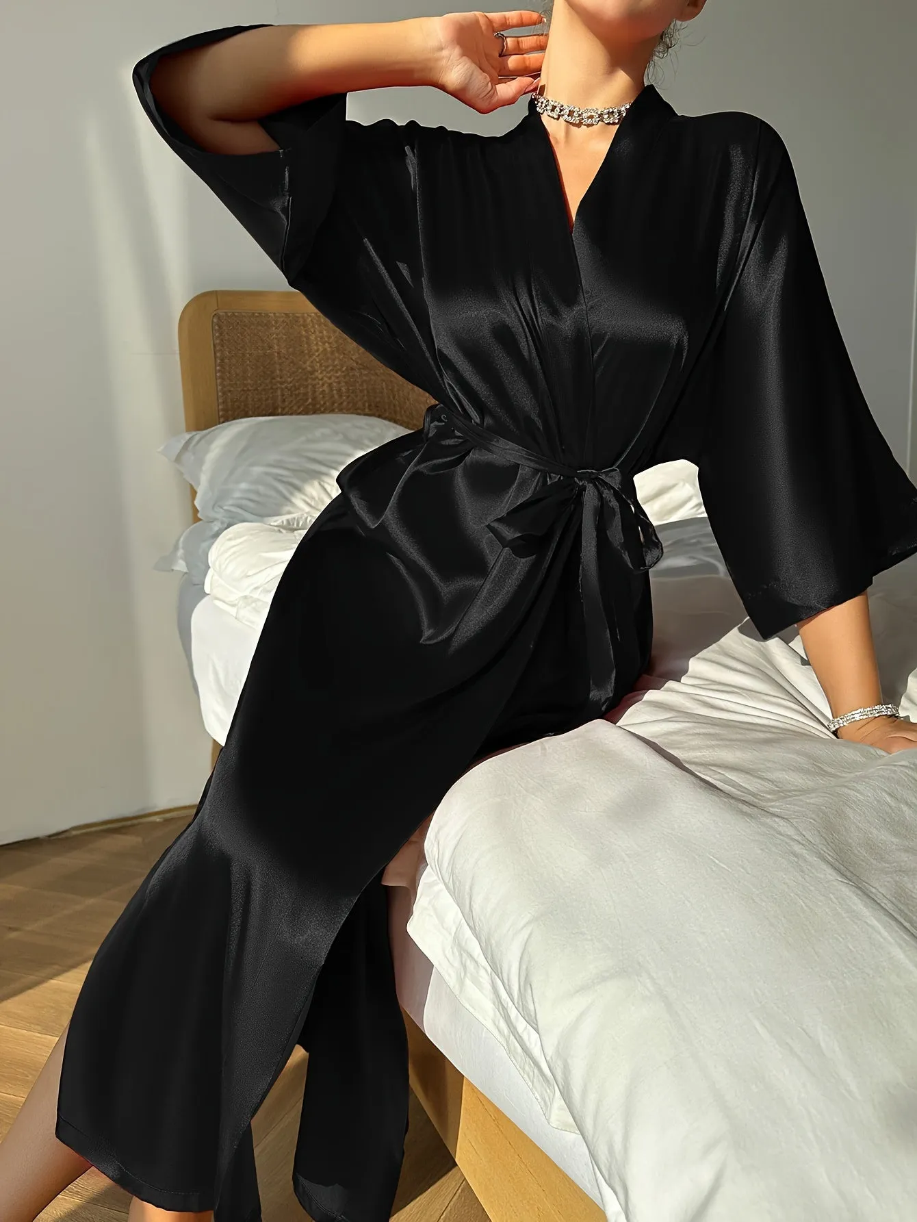 Elegant Women's Solid Silky Night Robes - Three Quarter Sleeve, V Neck Design, Soft Loungewear with Belt for Relaxation and Sleep