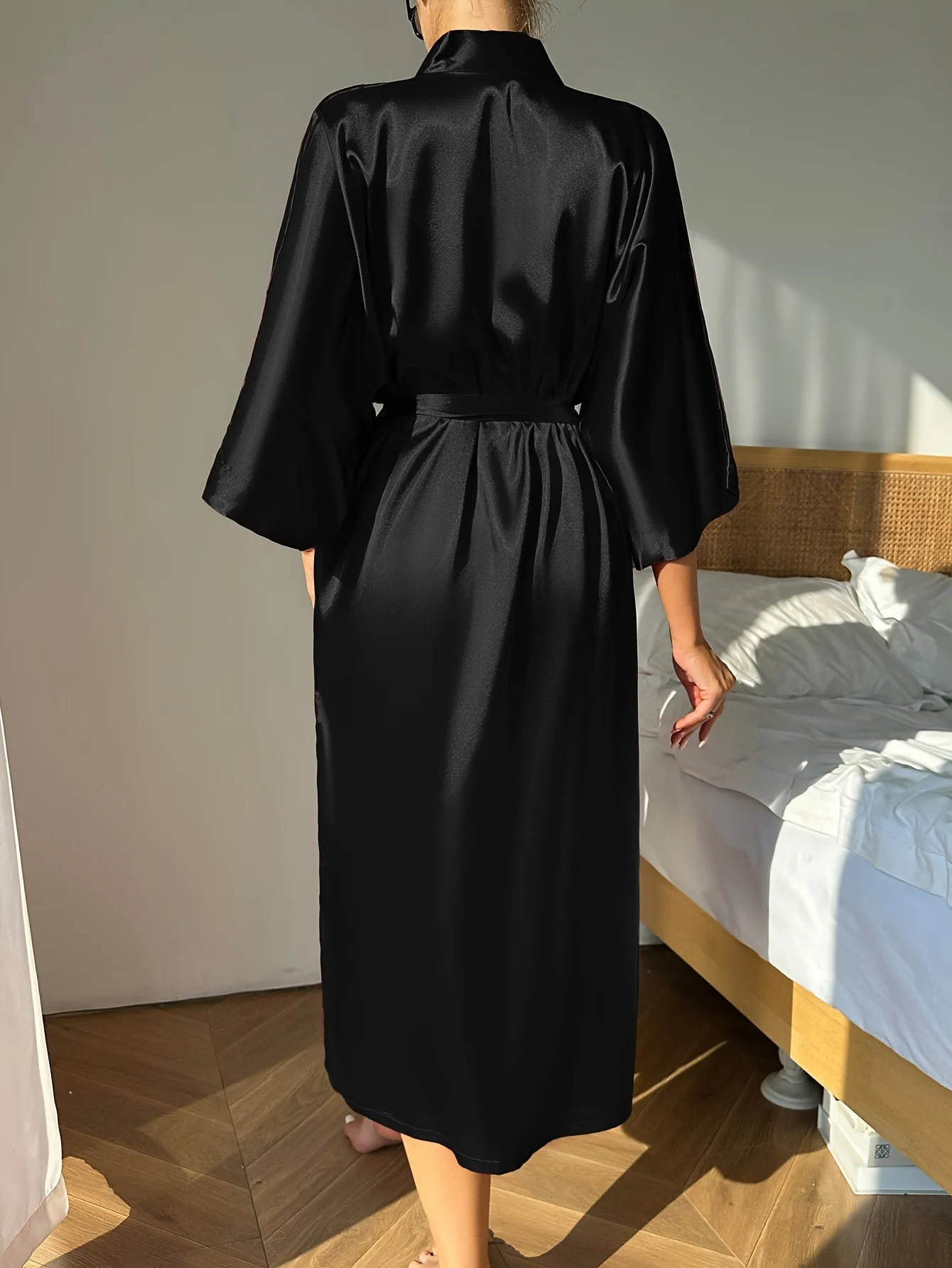 Elegant Women's Solid Silky Night Robes - Three Quarter Sleeve, V Neck Design, Soft Loungewear with Belt for Relaxation and Sleep