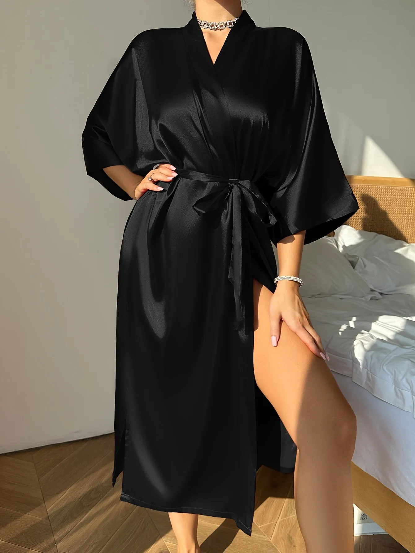 Elegant Women's Solid Silky Night Robes - Three Quarter Sleeve, V Neck Design, Soft Loungewear with Belt for Relaxation and Sleep