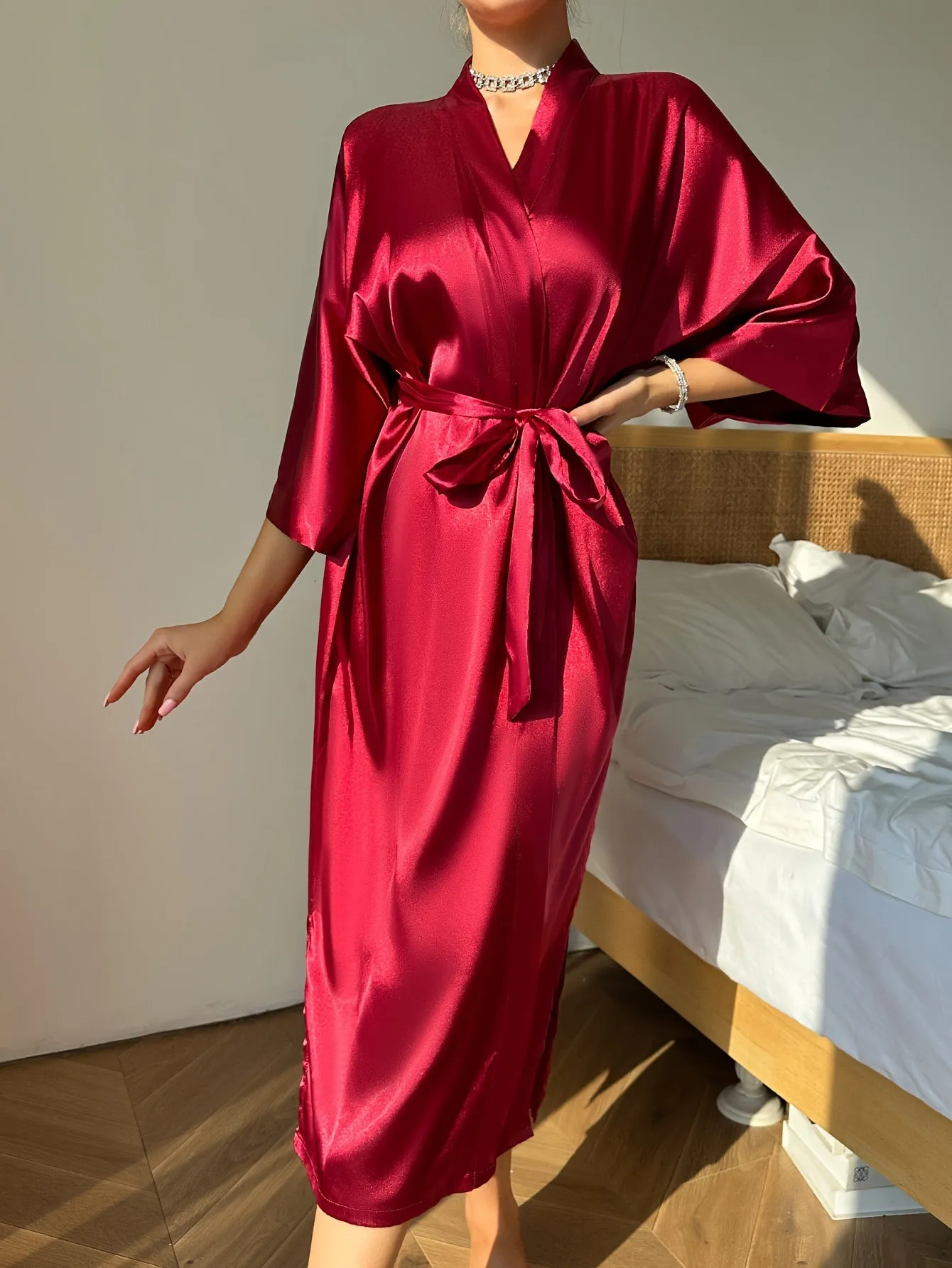 Elegant Women's Solid Silky Night Robes - Three Quarter Sleeve, V Neck Design, Soft Loungewear with Belt for Relaxation and Sleep