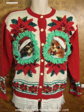 Festive Poinsettia with Kitten Accents Ugly Christmas Sweater