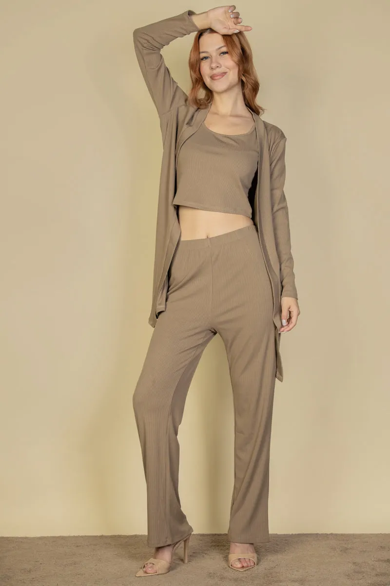 Flat Back Rib 3 Pieces Cami Top with Pants and Long Cardigan Set