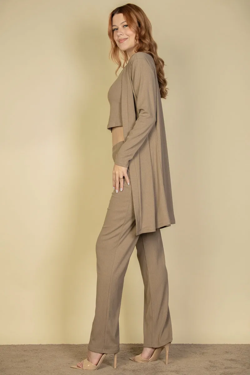 Flat Back Rib 3 Pieces Cami Top with Pants and Long Cardigan Set