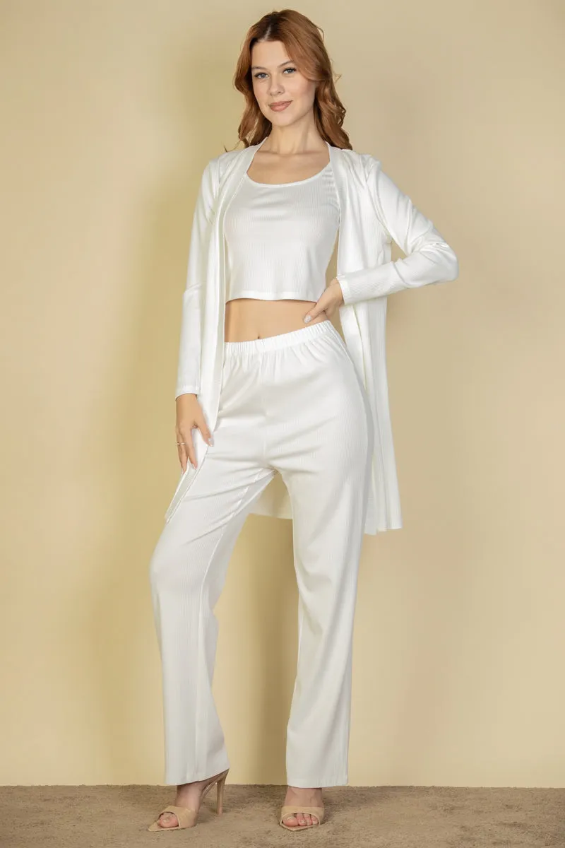 Flat Back Rib 3 Pieces Cami Top with Pants and Long Cardigan Set