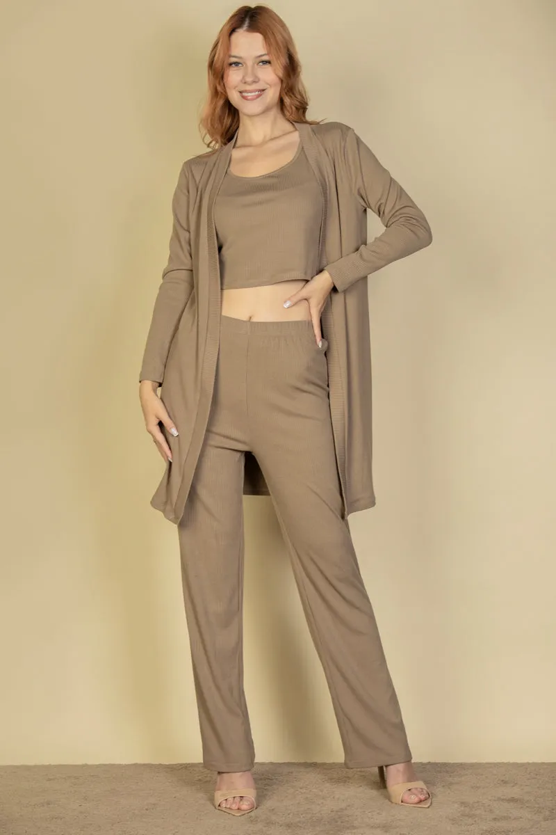 Flat Back Rib 3 Pieces Cami Top with Pants and Long Cardigan Set