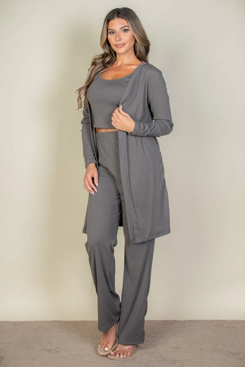 Flat Back Rib 3 Pieces Cami Top with Pants and Long Cardigan Set