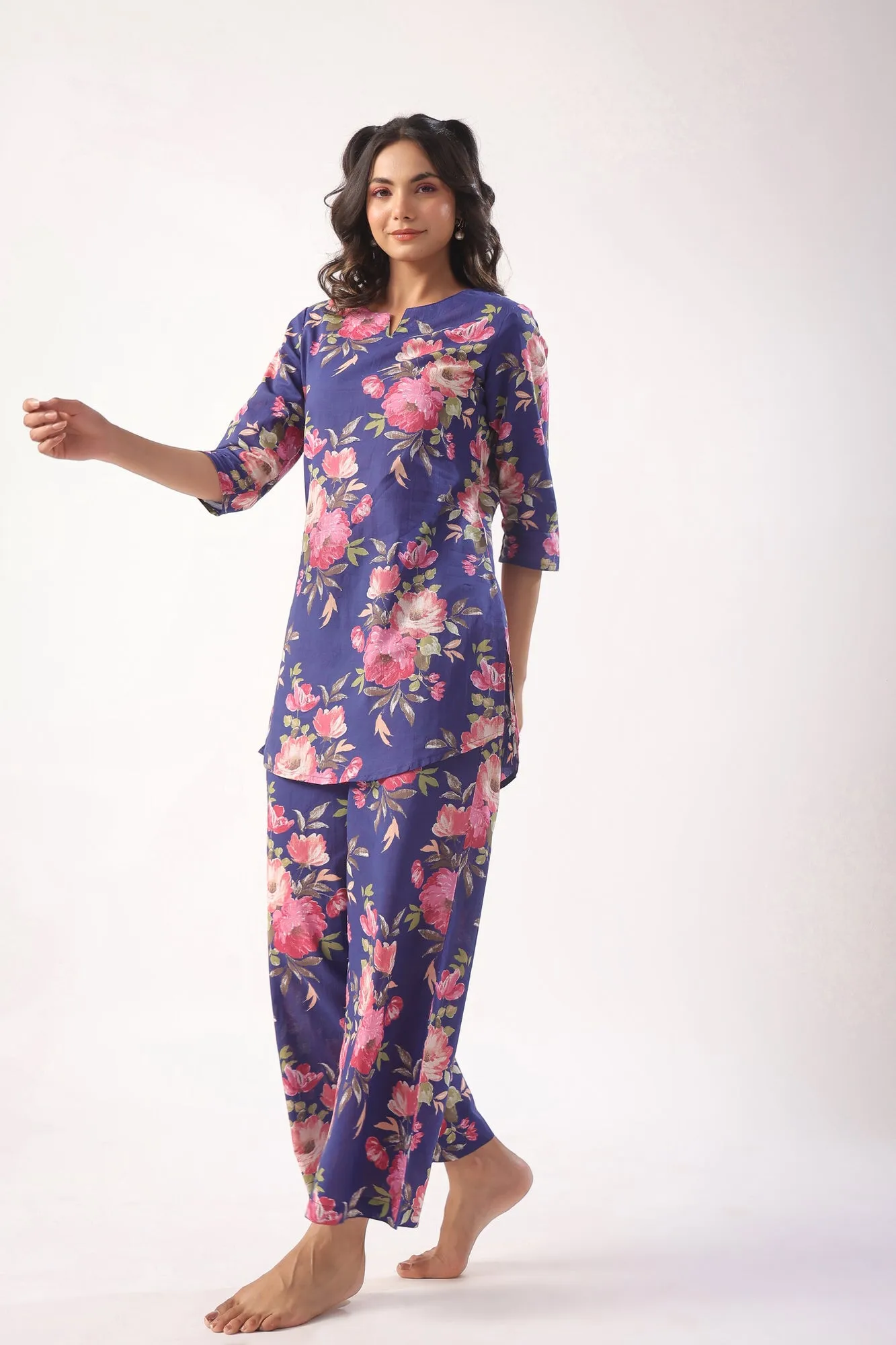 Floral Bouquet on Indigo Cotton Palazzo Loungewear Set