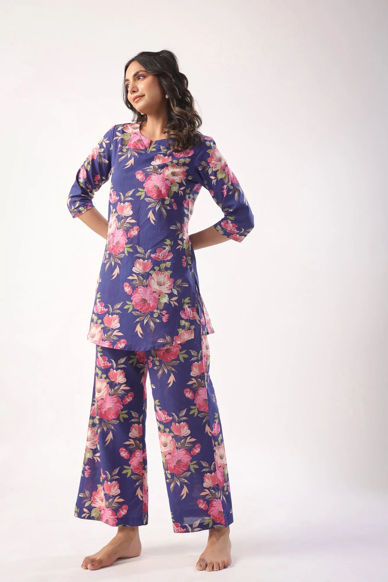 Floral Bouquet on Indigo Cotton Palazzo Loungewear Set