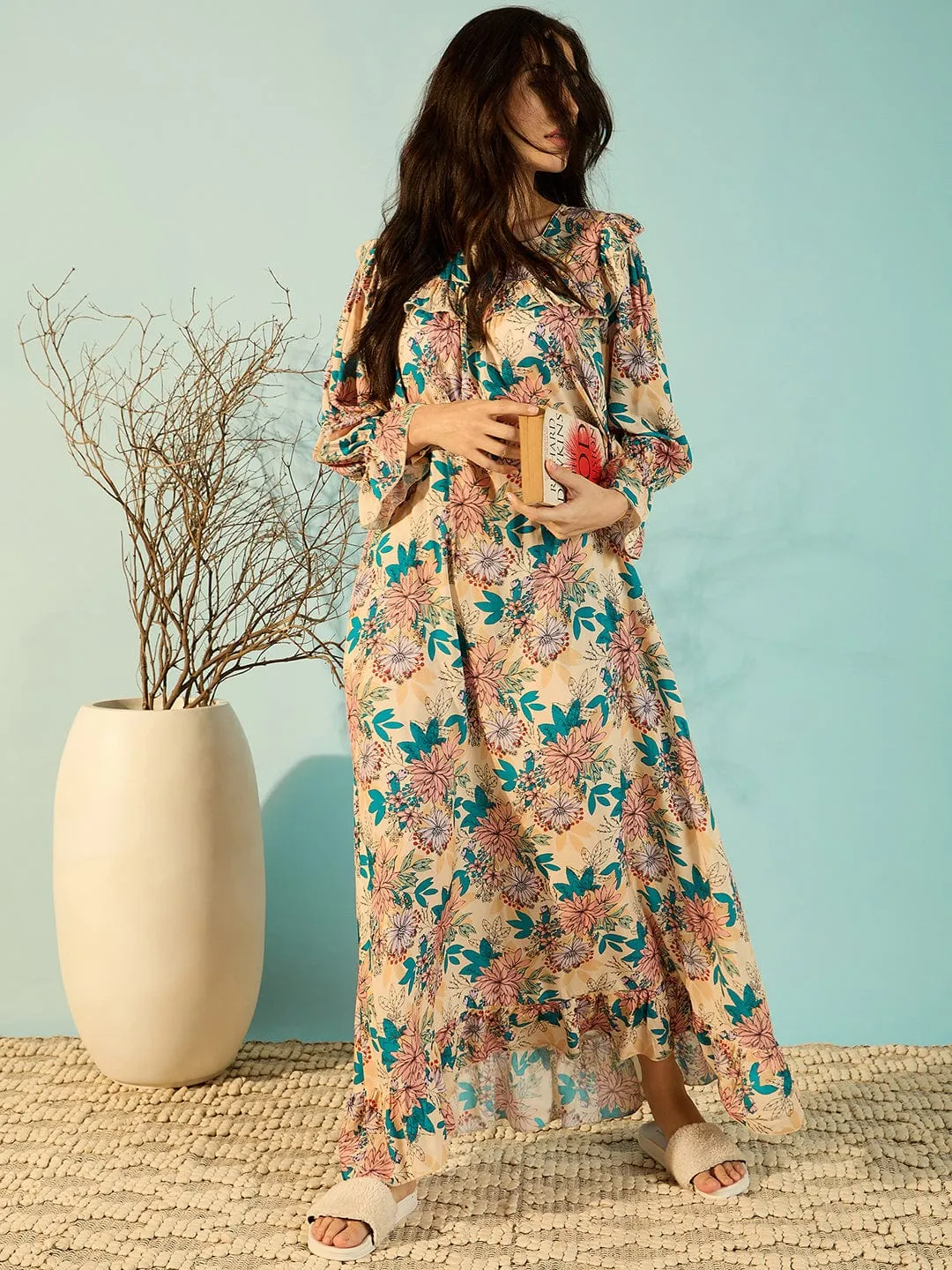 Floral Mix Soft Modal Frilled Night Dress For Women