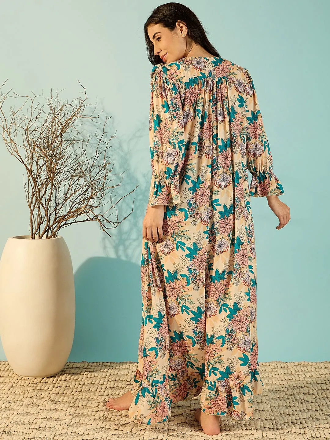 Floral Mix Soft Modal Frilled Night Dress For Women