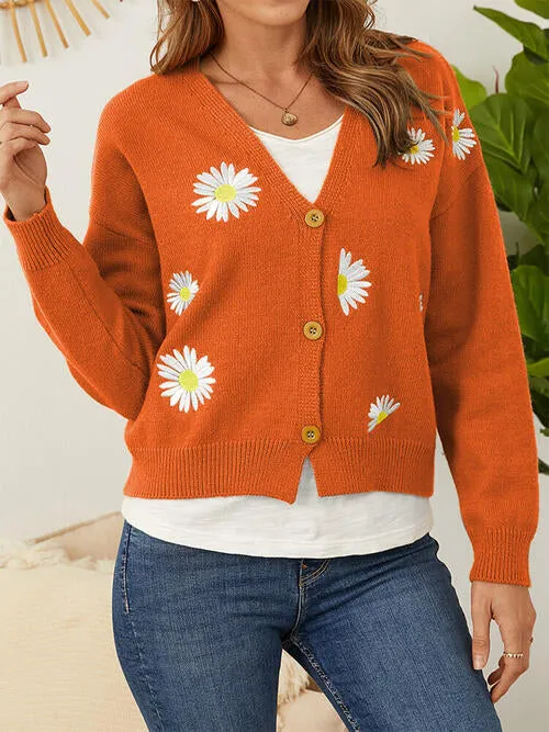 Flower Button Front Dropped Shoulder Cardigan