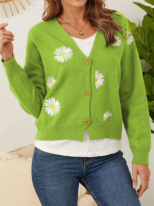 Flower Button Front Dropped Shoulder Cardigan