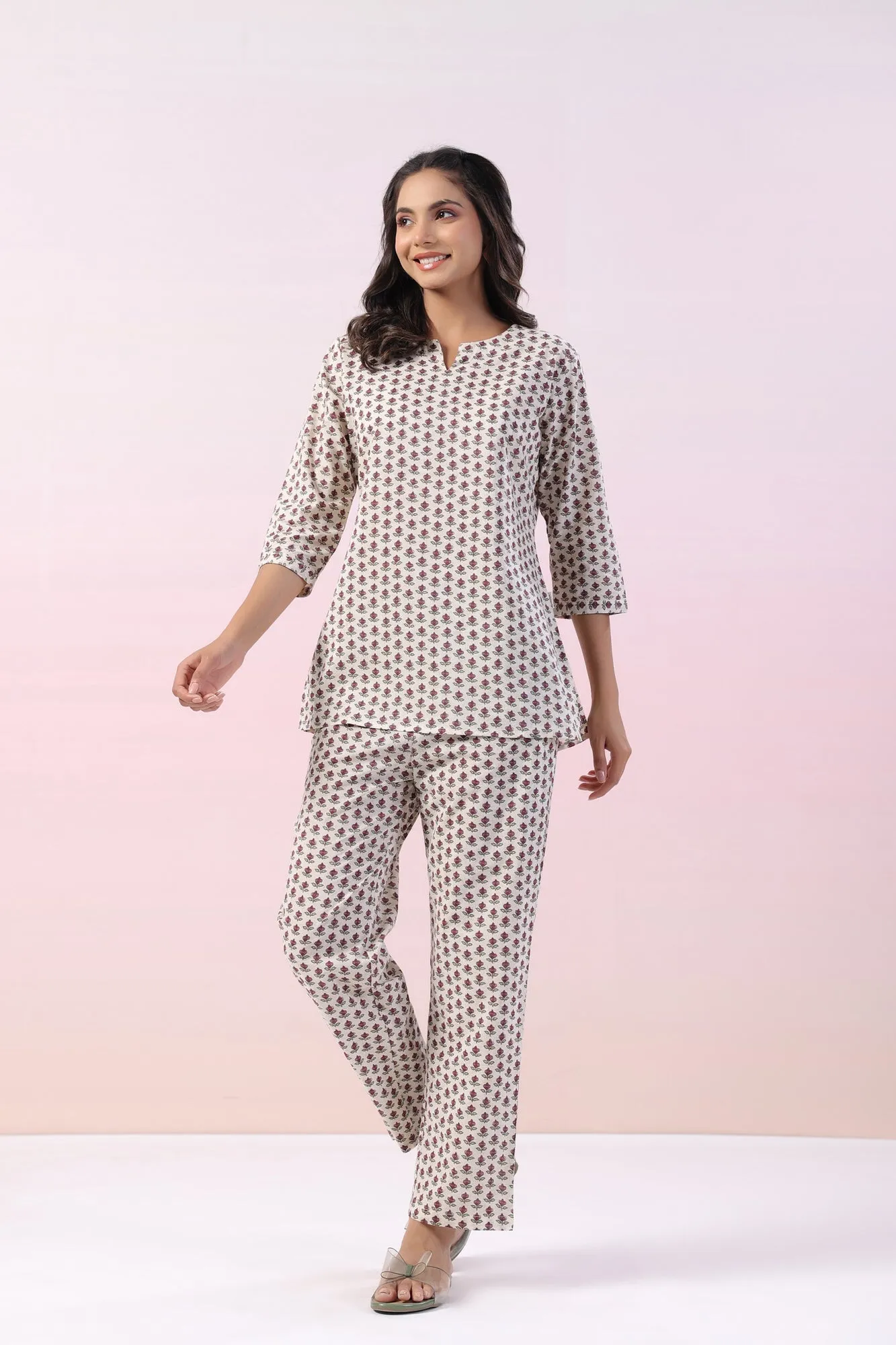 Gardenia Motif Cotton Loungewear Top Set