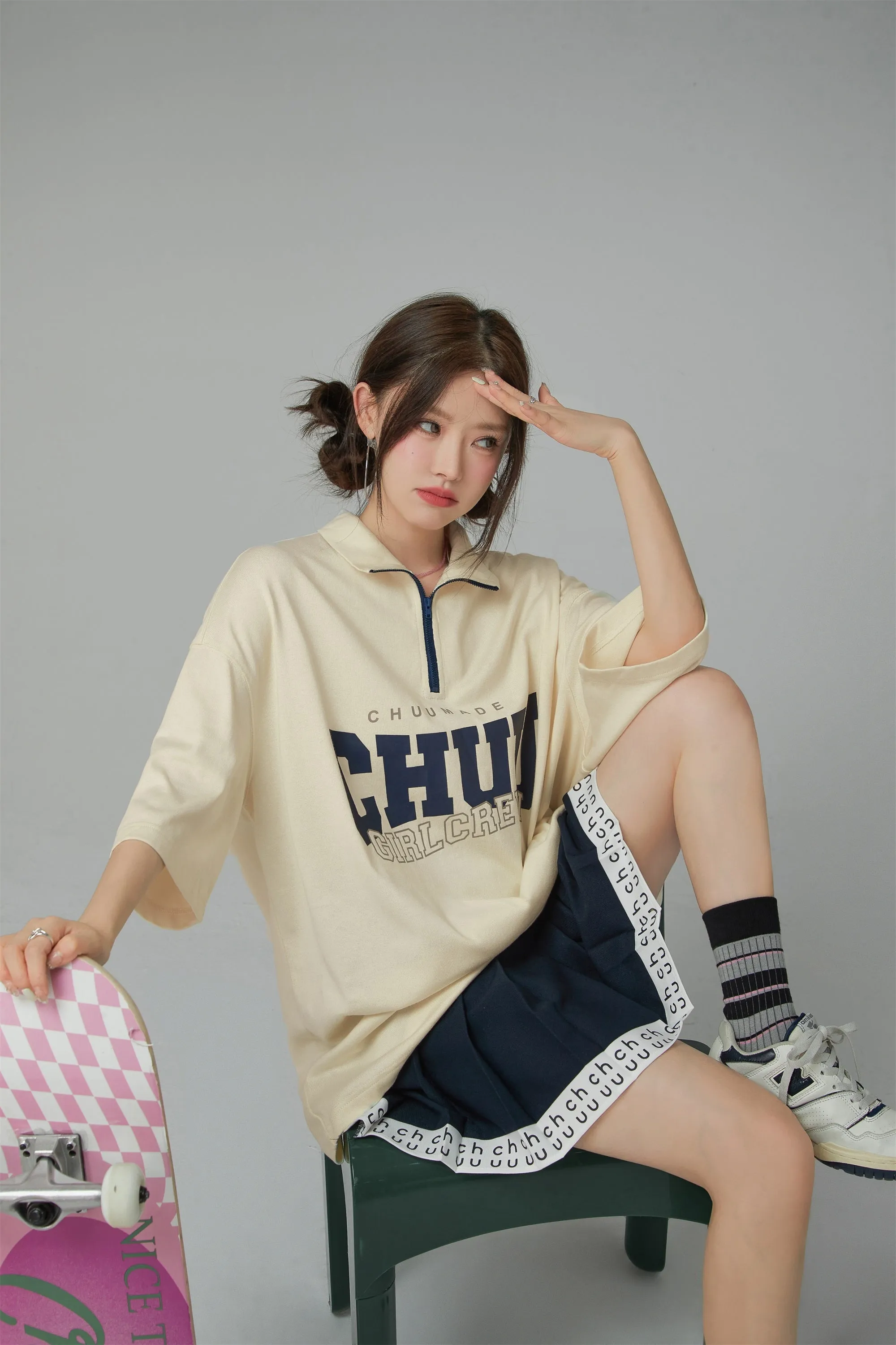 Girl Crew Half Zip-Up Loose Fit T-Shirt