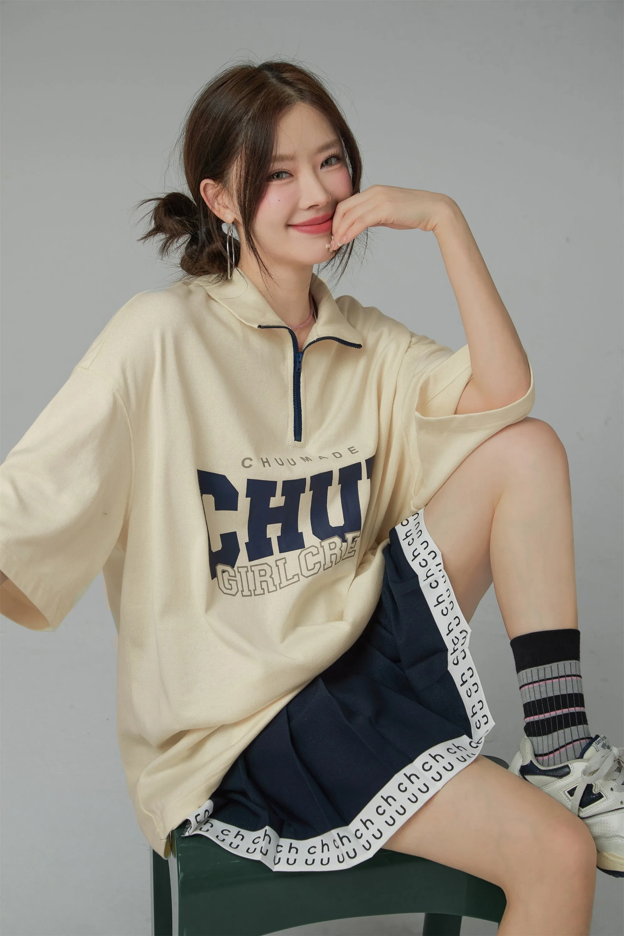 Girl Crew Half Zip-Up Loose Fit T-Shirt