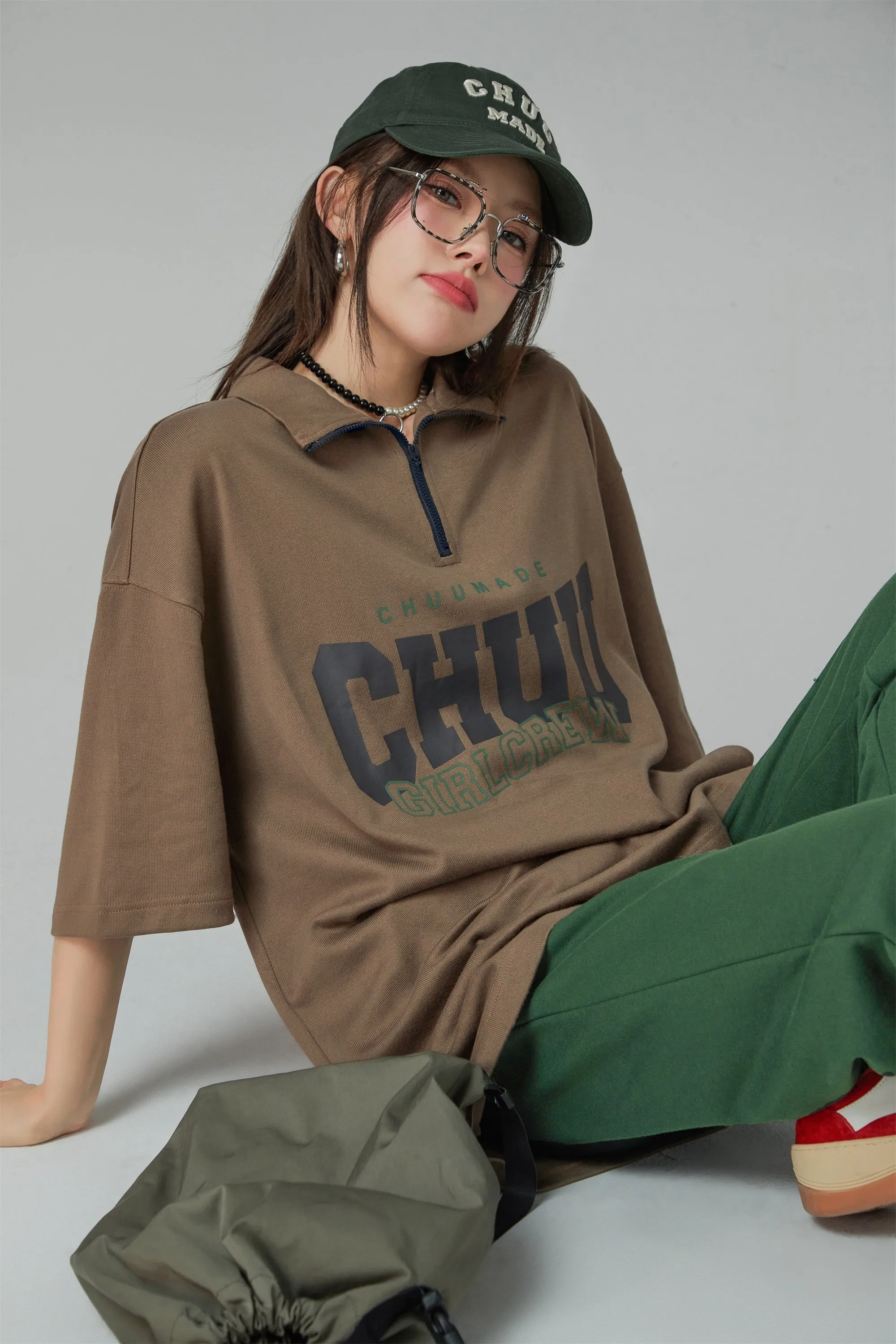 Girl Crew Half Zip-Up Loose Fit T-Shirt