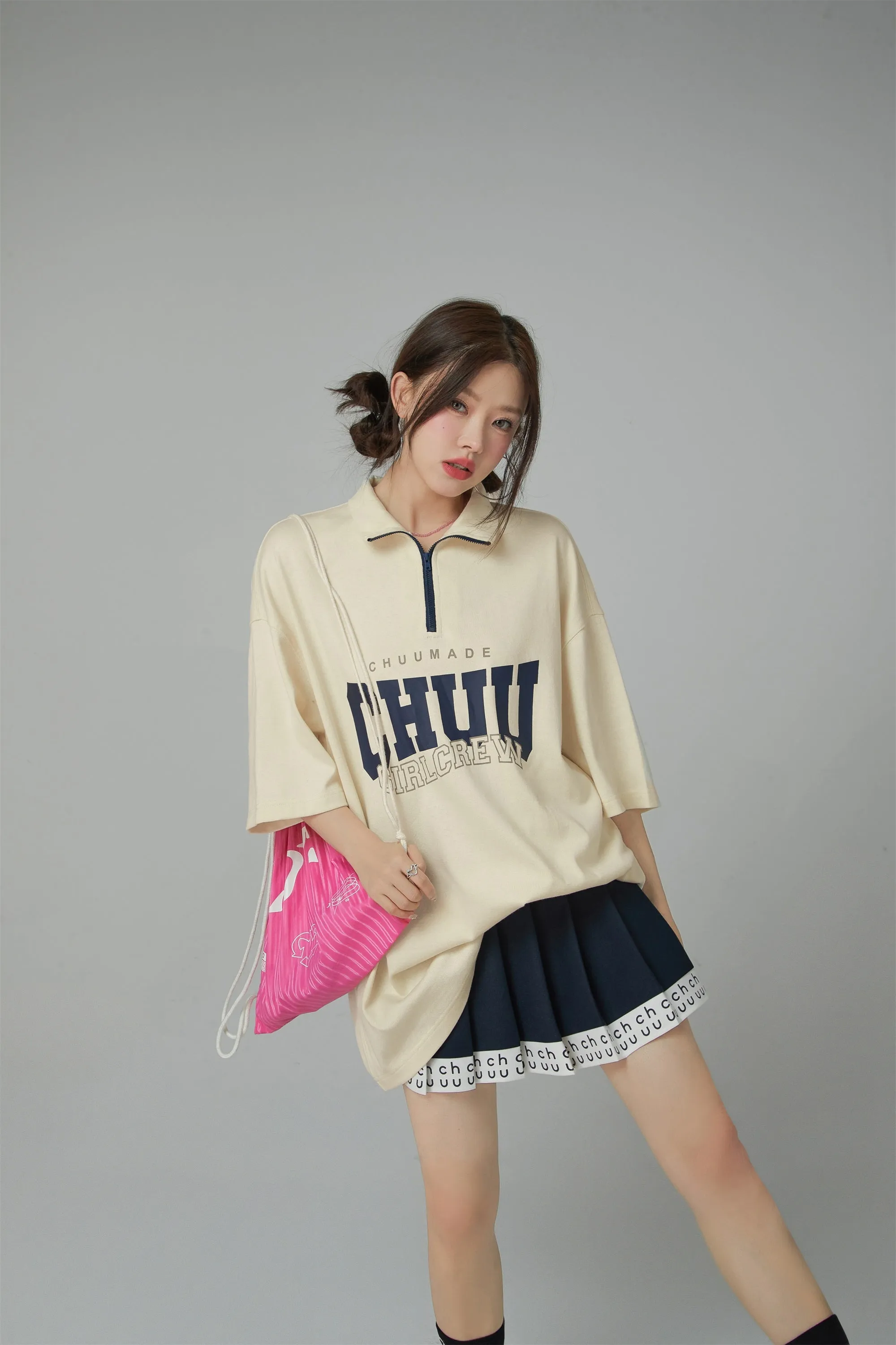 Girl Crew Half Zip-Up Loose Fit T-Shirt