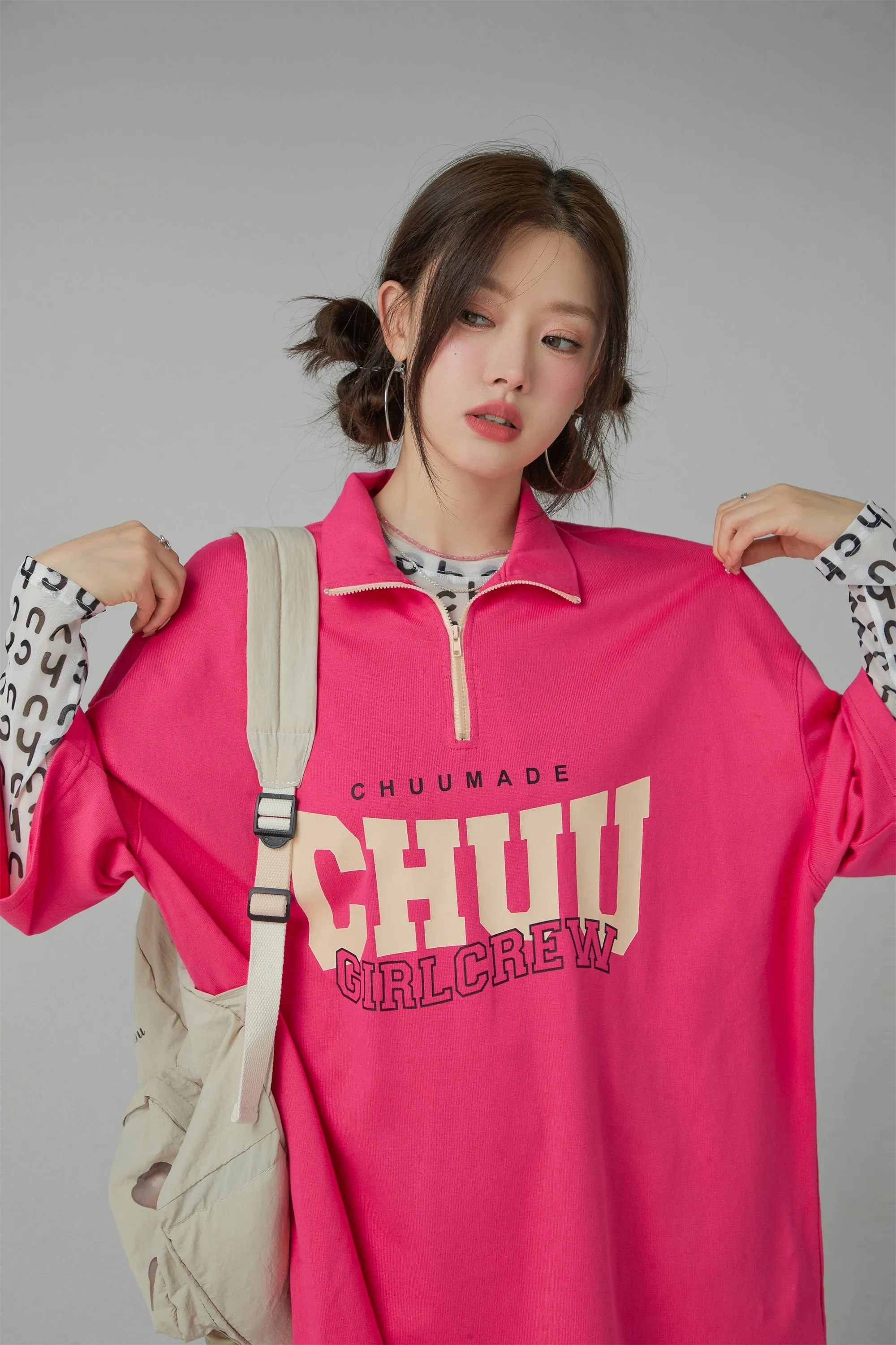 Girl Crew Half Zip-Up Loose Fit T-Shirt