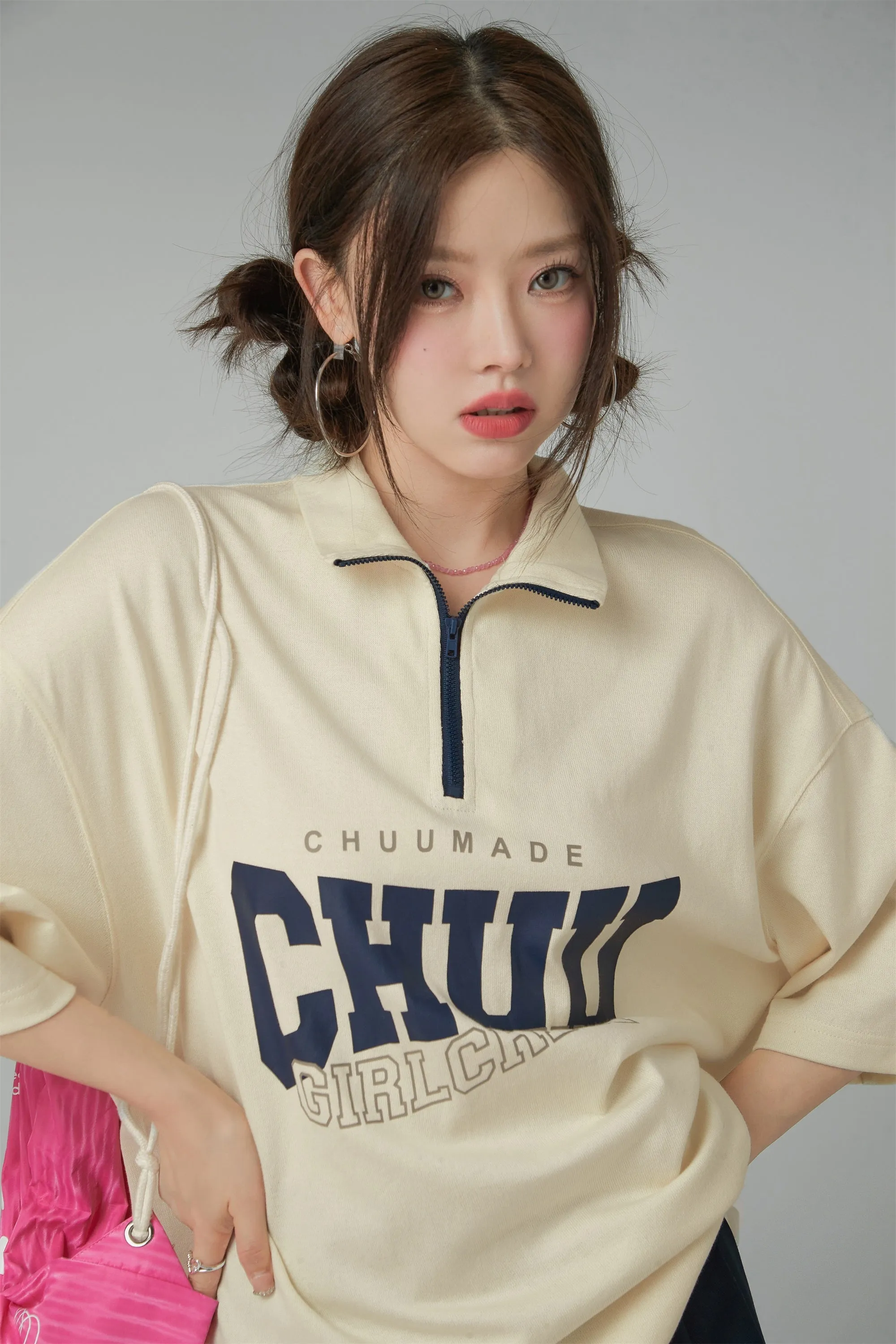 Girl Crew Half Zip-Up Loose Fit T-Shirt