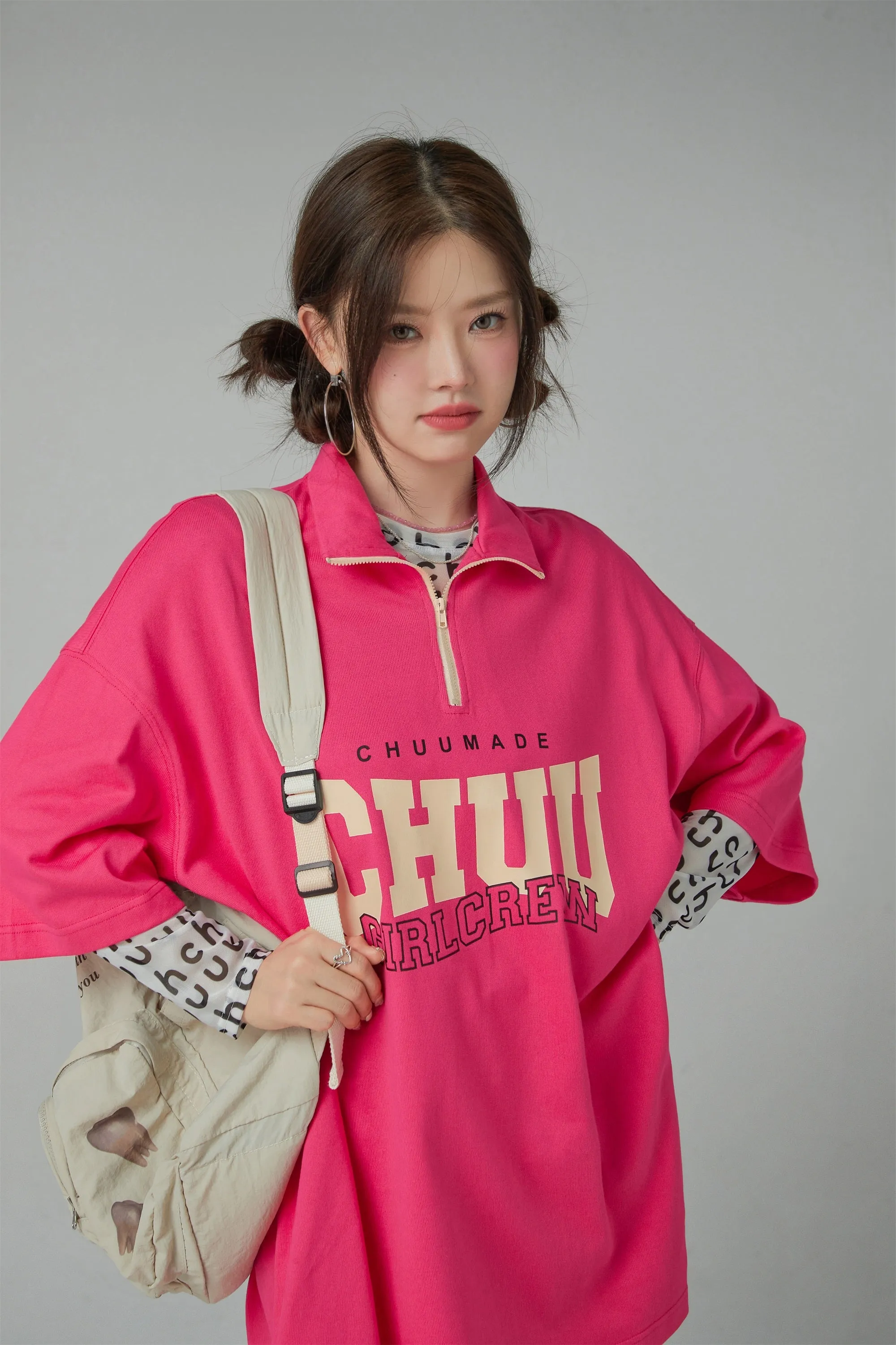 Girl Crew Half Zip-Up Loose Fit T-Shirt