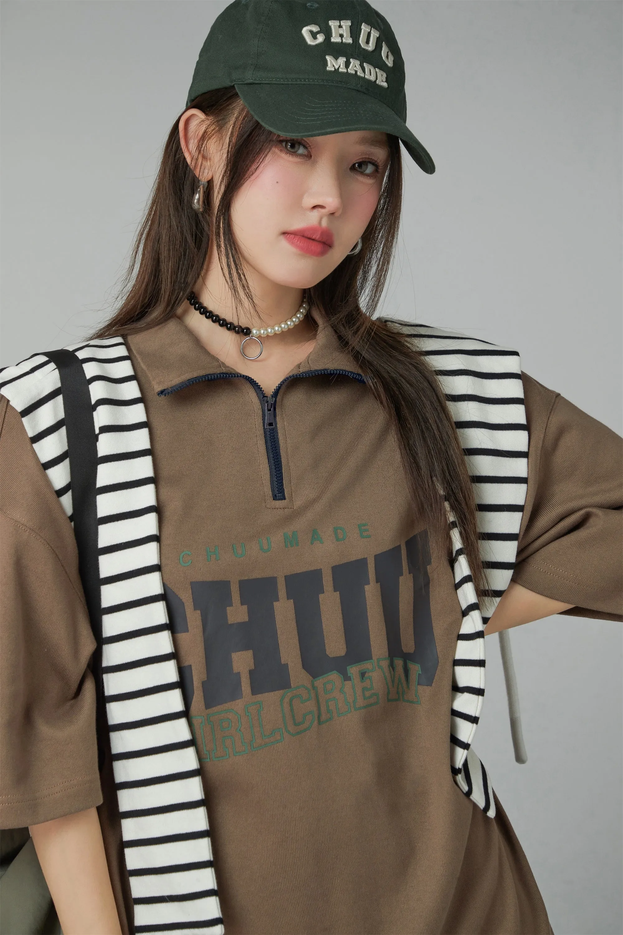 Girl Crew Half Zip-Up Loose Fit T-Shirt