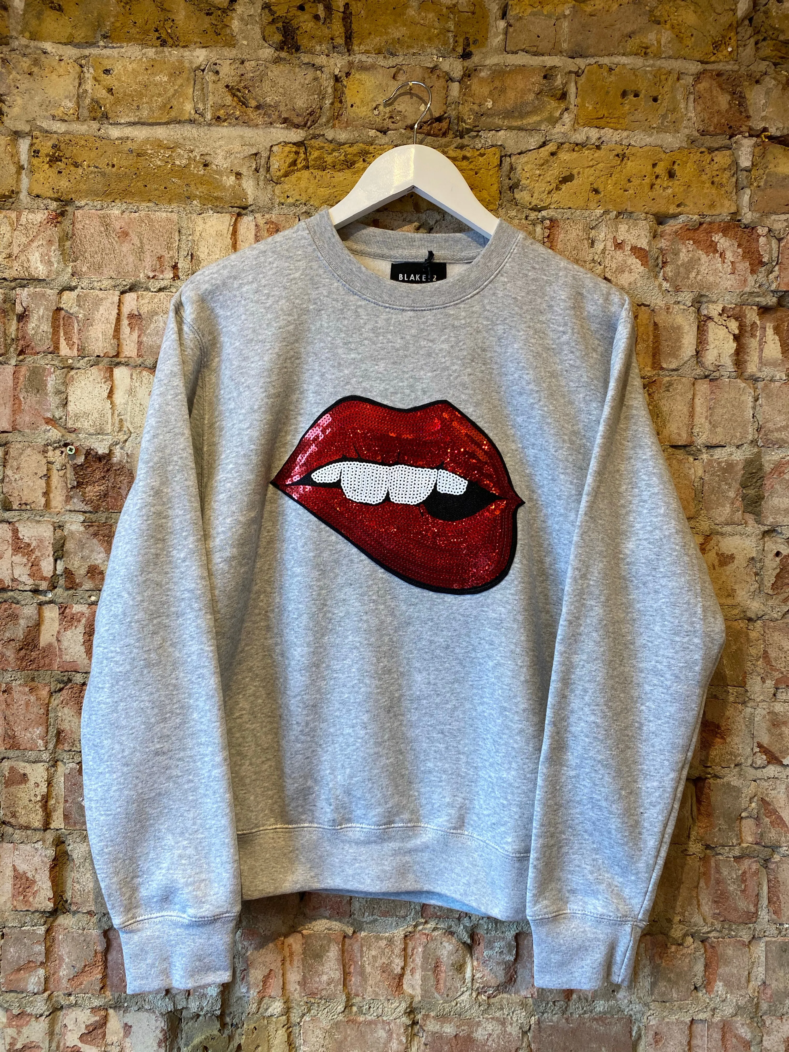 Grey Marl Jersey Unisex Sequin Sweater - Lips Mouth Biting Red