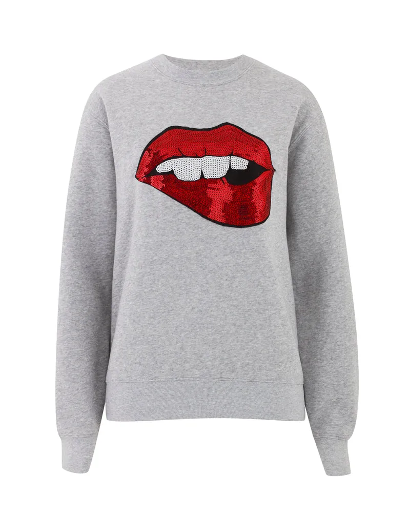 Grey Marl Jersey Unisex Sequin Sweater - Lips Mouth Biting Red