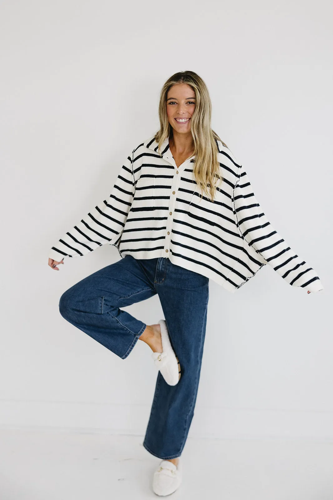 Hayden Stripe Cardigan - White/Navy