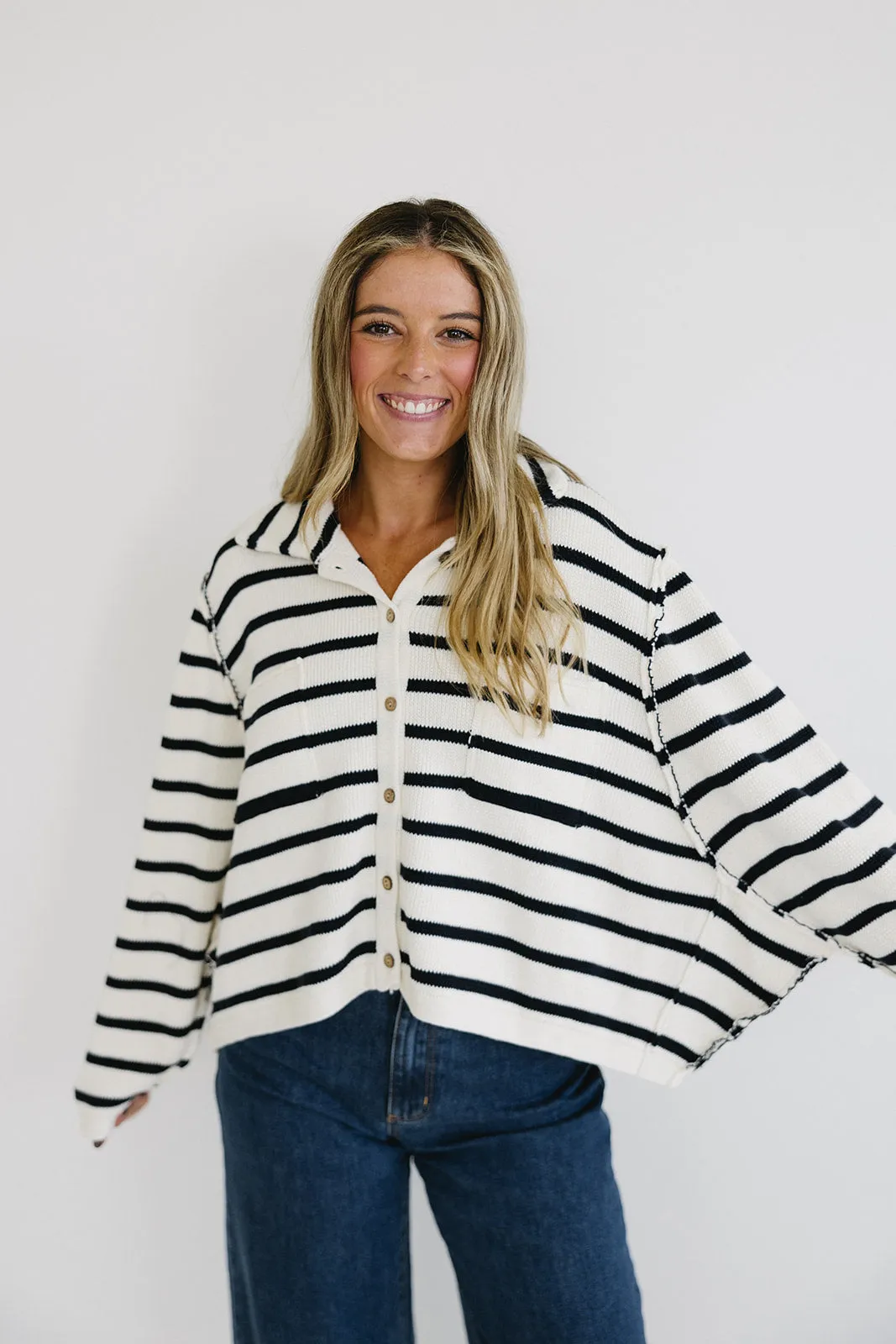 Hayden Stripe Cardigan - White/Navy