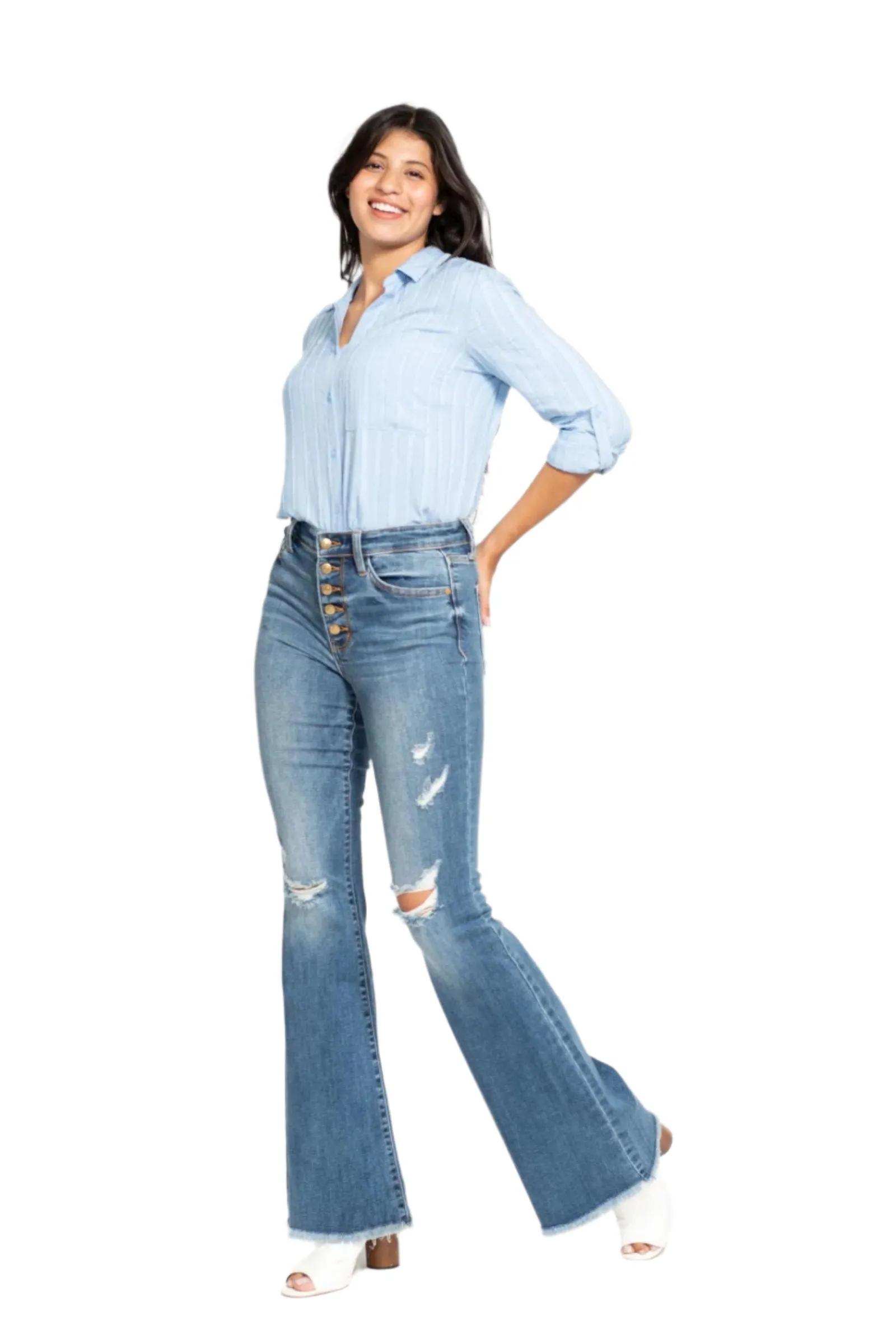 Judy Blue - Mid Rise Button Fly Flare W/Destroy Fray Hem Jeans - 82638