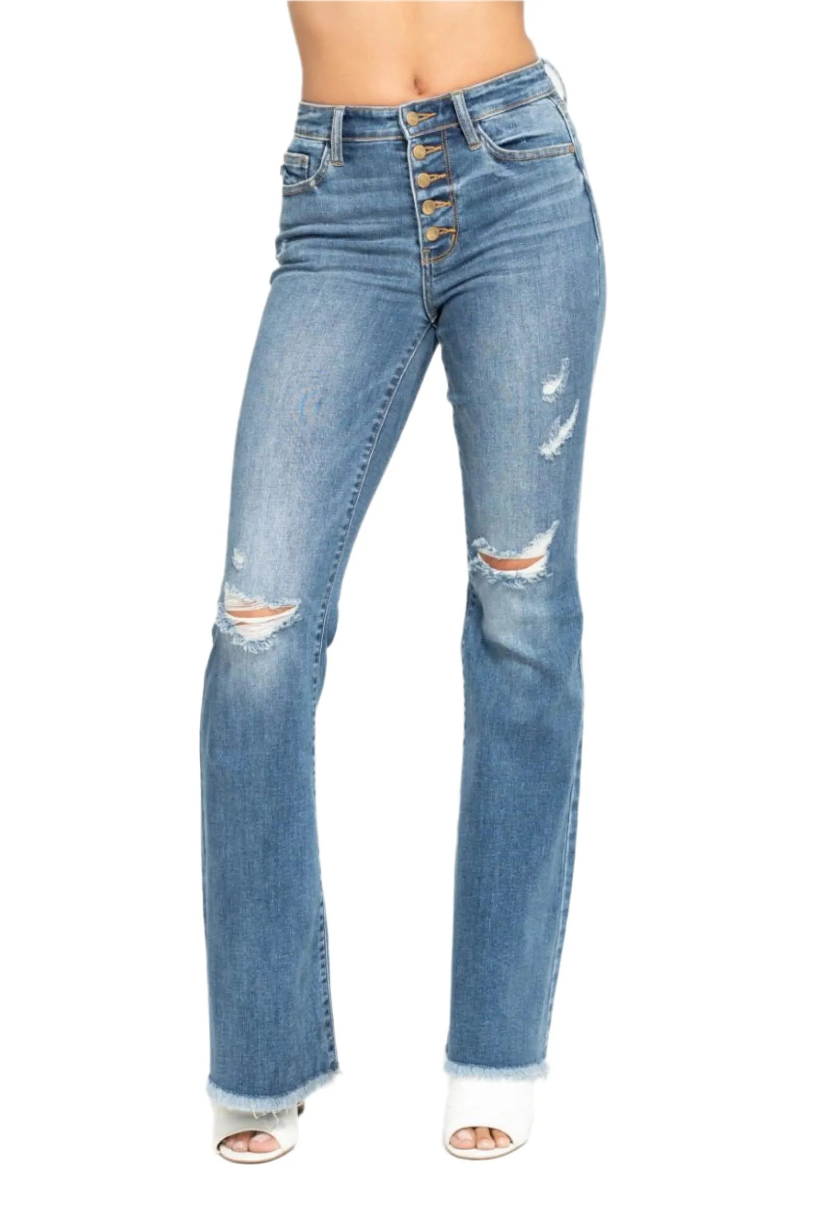 Judy Blue - Mid Rise Button Fly Flare W/Destroy Fray Hem Jeans - 82638