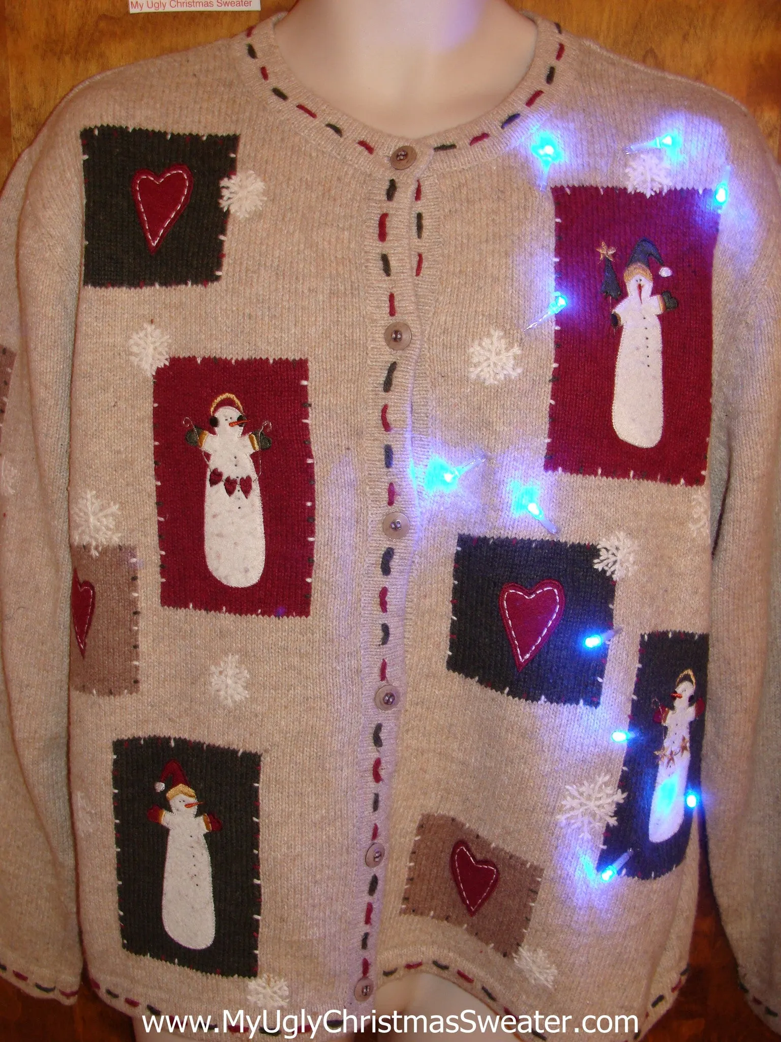 Light Up Tan Tacky Xmas Sweater with Spooky Snowmen