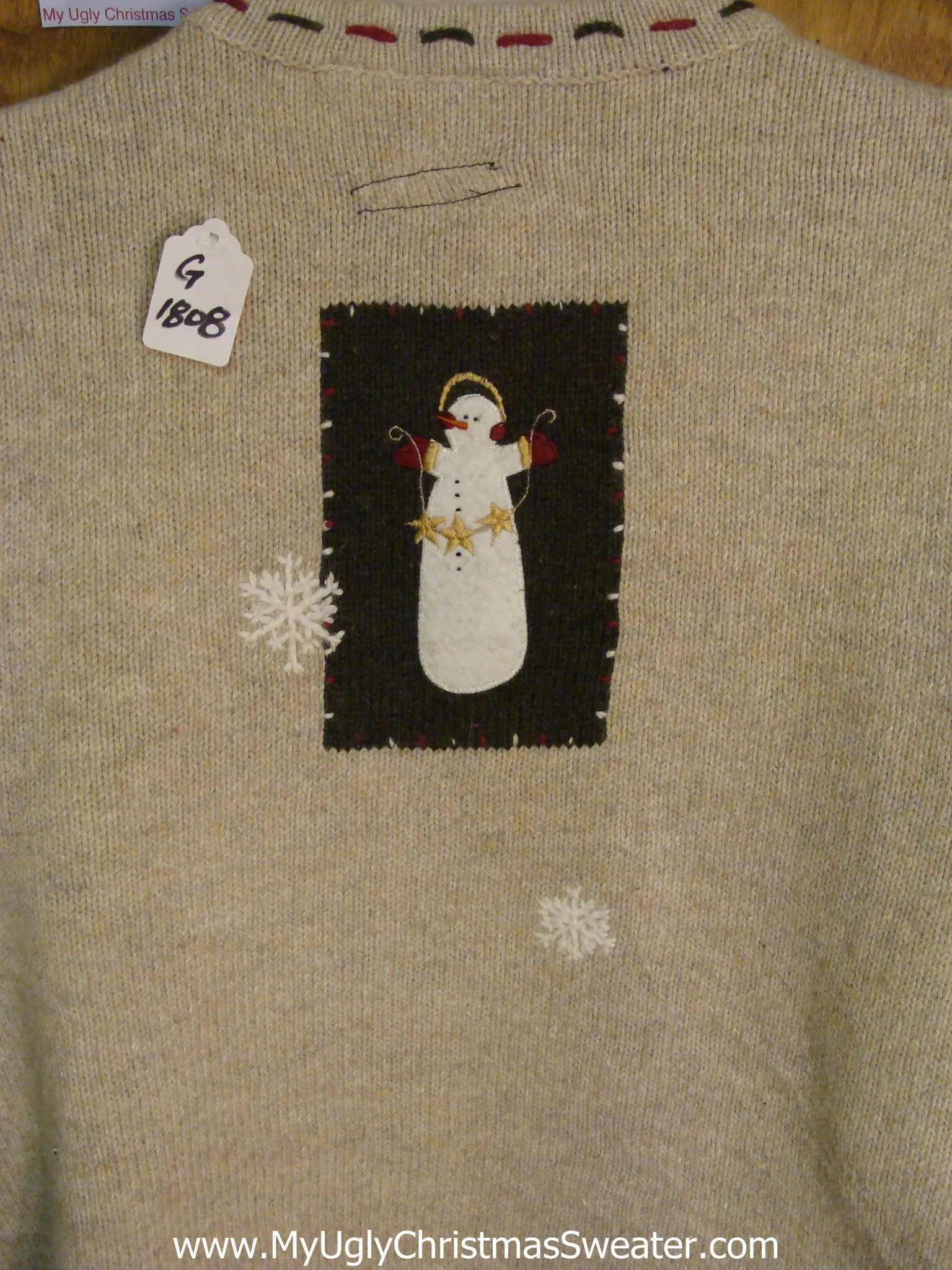 Light Up Tan Tacky Xmas Sweater with Spooky Snowmen