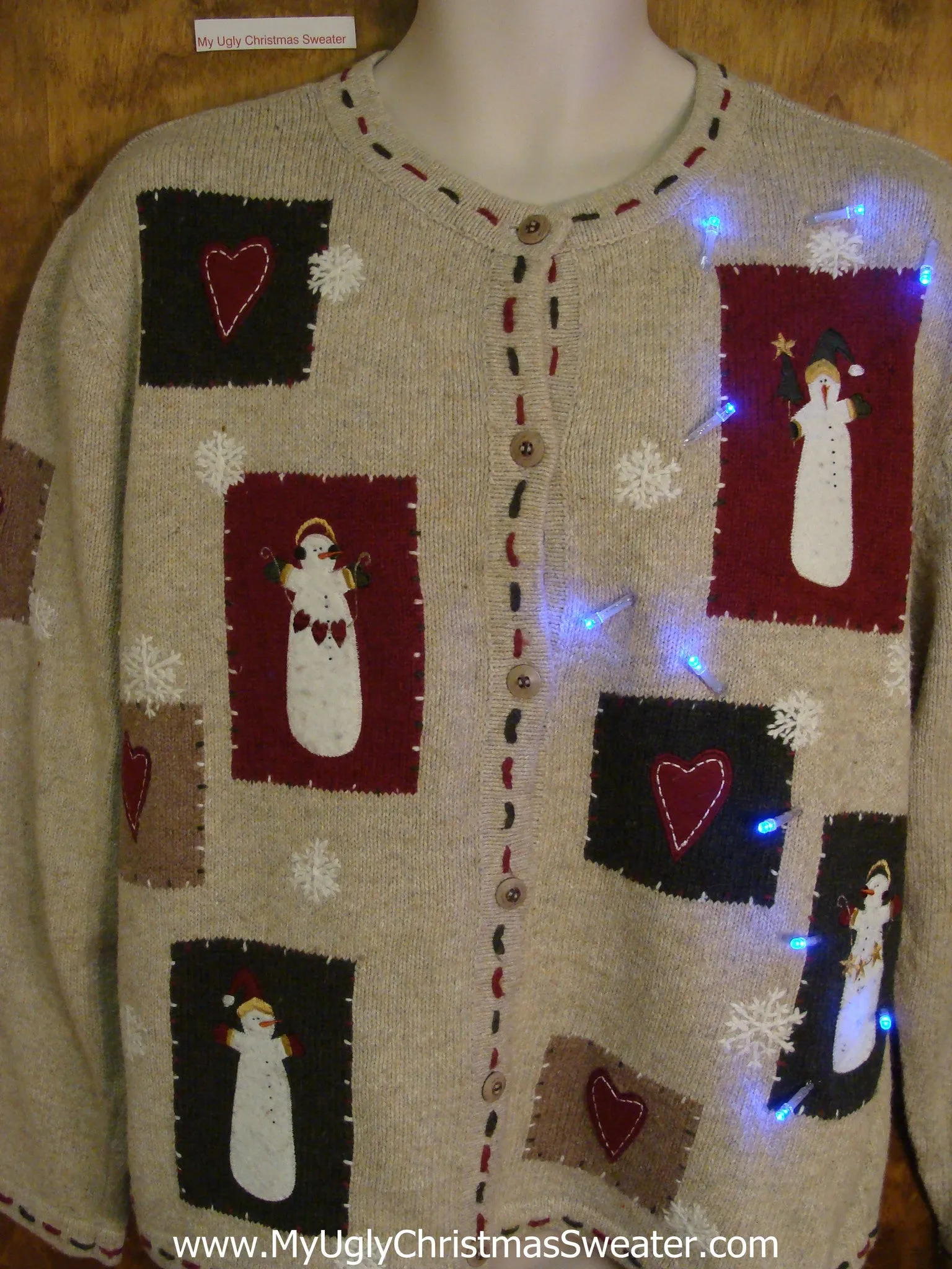 Light Up Tan Tacky Xmas Sweater with Spooky Snowmen