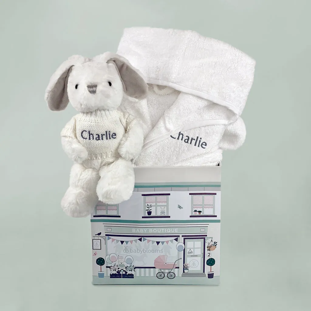 Little Bunny and Bathrobe Hamper, Grey - 1-2 Years with White Personalised Bathrobe