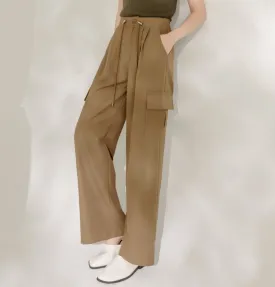 Long Pleated Drawstring Pocket Straight Cargo Pants Trousers