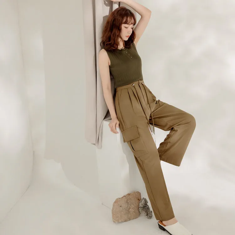 Long Pleated Drawstring Pocket Straight Cargo Pants Trousers