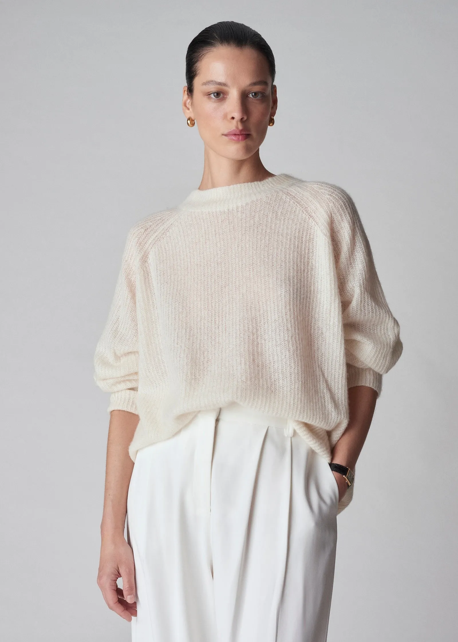 Loose Weave Raglan Crew in Cashmere Silk- Ivory