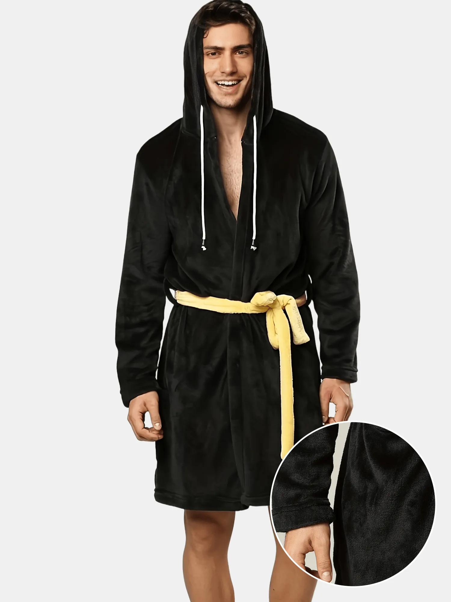 Mens Knee Length Robe With Hood Soft Warm Fleece Plush Bathrobe Winter Solid Color Spa Robe With Waistbelt