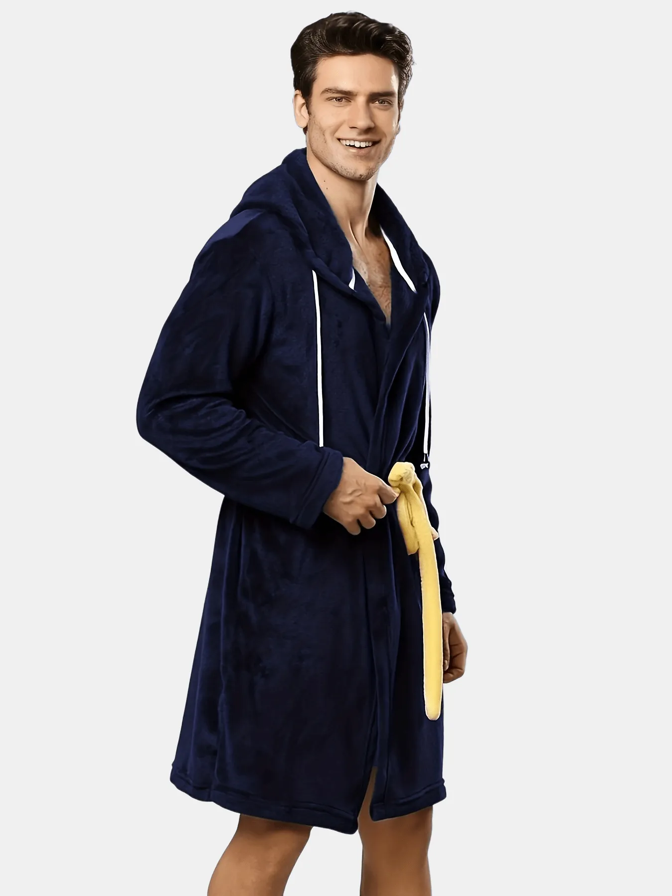 Mens Knee Length Robe With Hood Soft Warm Fleece Plush Bathrobe Winter Solid Color Spa Robe With Waistbelt