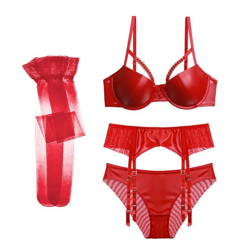 Motorcycle Leather Push Up Bra Set