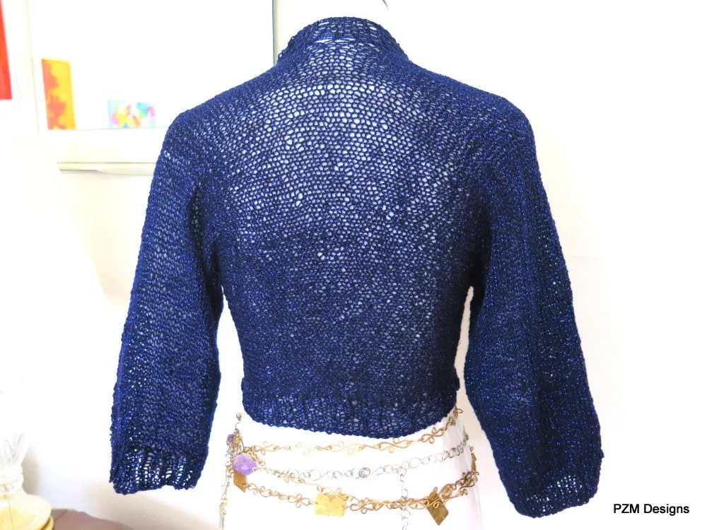 Navy blue cropped sweater, sparkly hand knit bolero cardigan