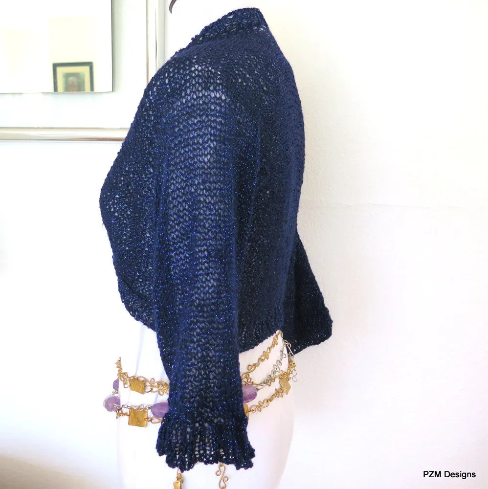 Navy blue cropped sweater, sparkly hand knit bolero cardigan