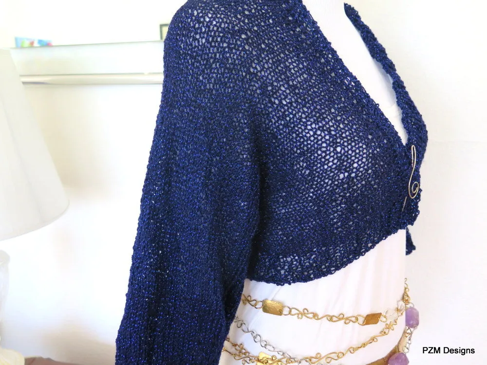 Navy blue cropped sweater, sparkly hand knit bolero cardigan