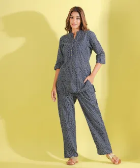 Parallel Bandhani On blue Cotton Loungewear Top Set