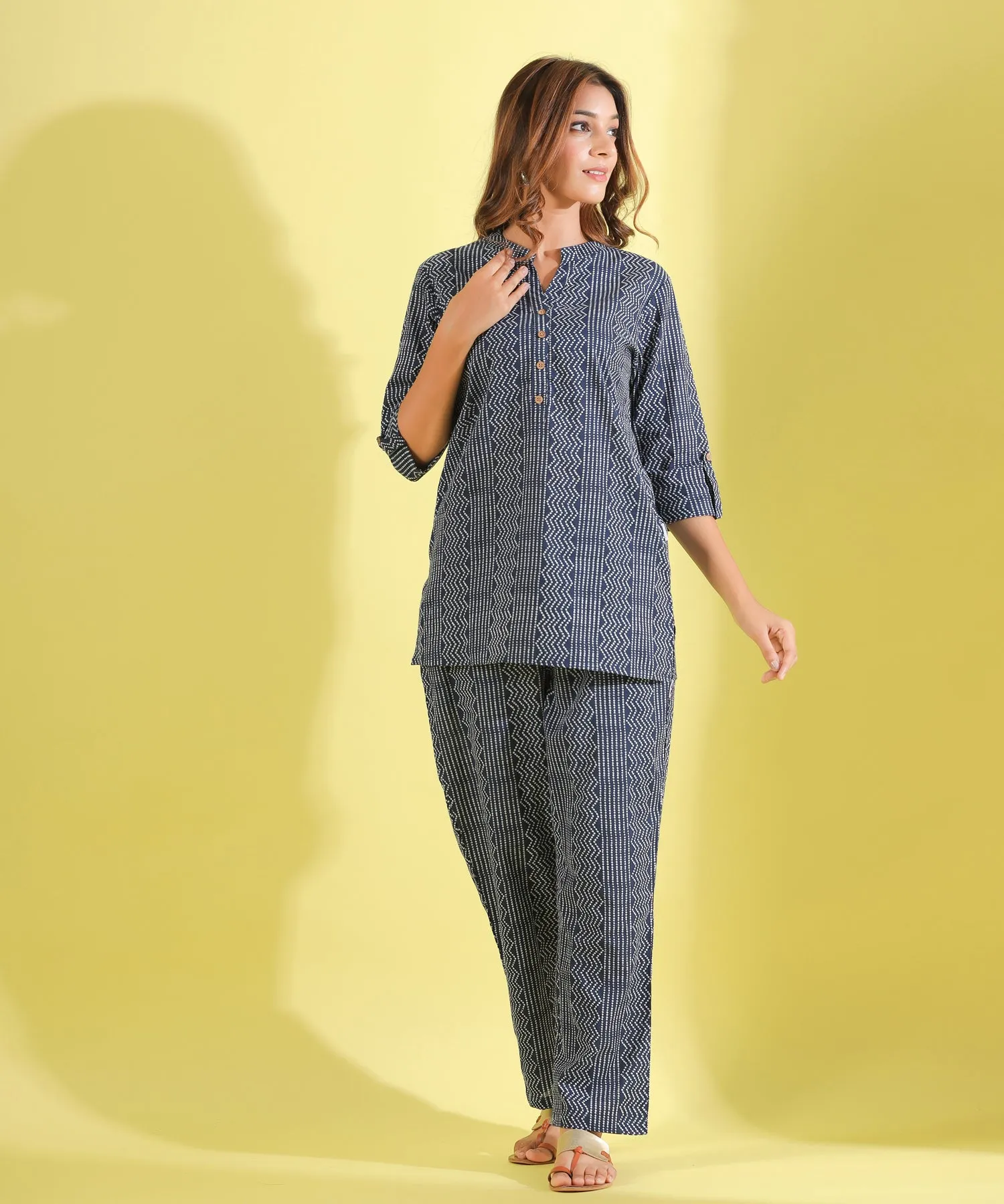 Parallel Bandhani On blue Cotton Loungewear Top Set