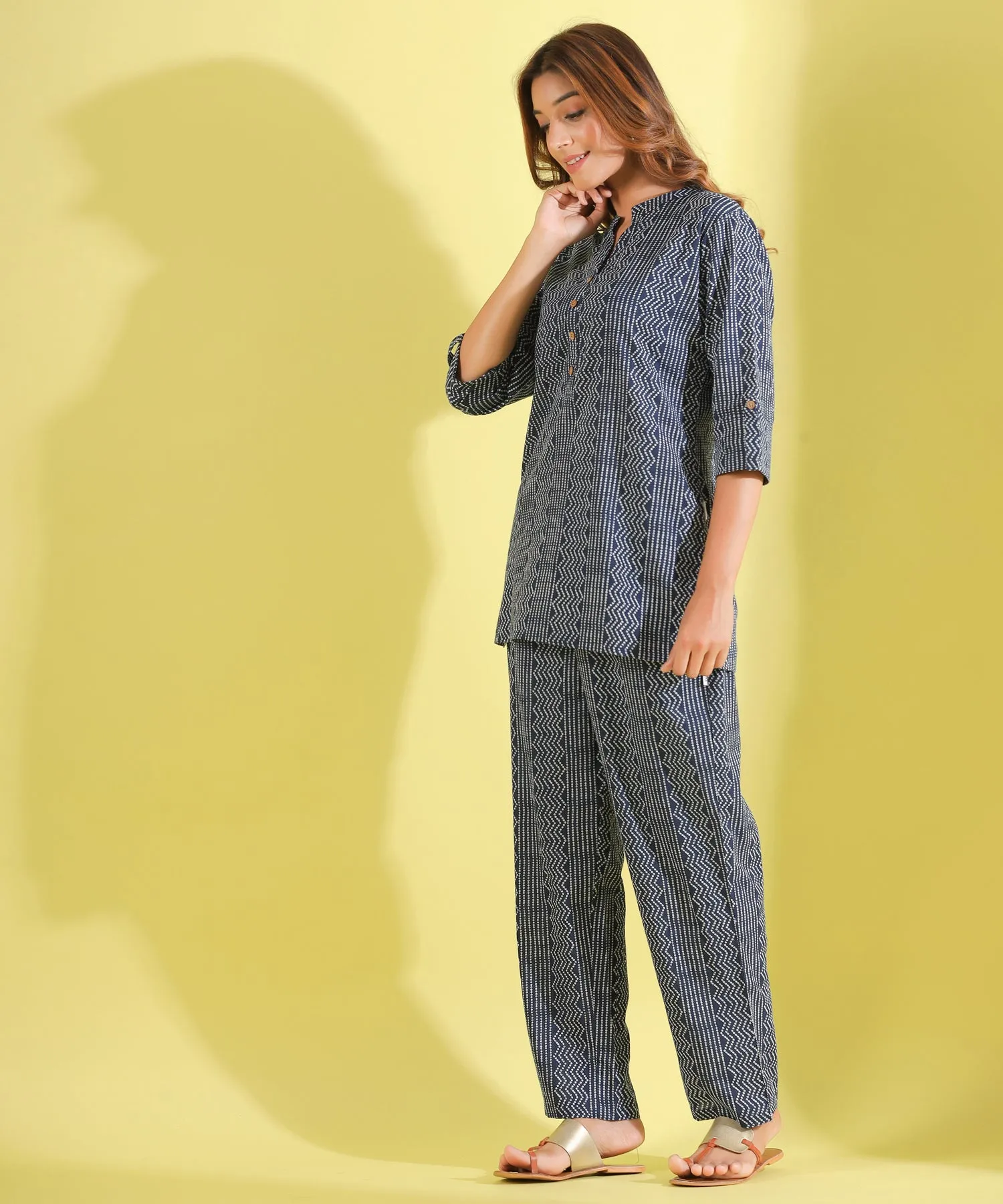 Parallel Bandhani On blue Cotton Loungewear Top Set